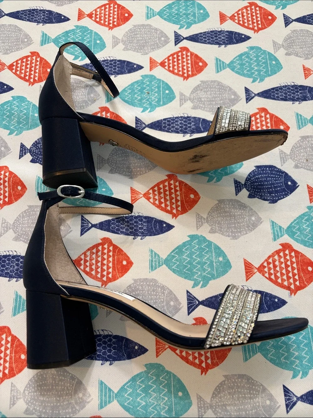 Nina Navy Crystal-Strap Block Heel Sandals 7